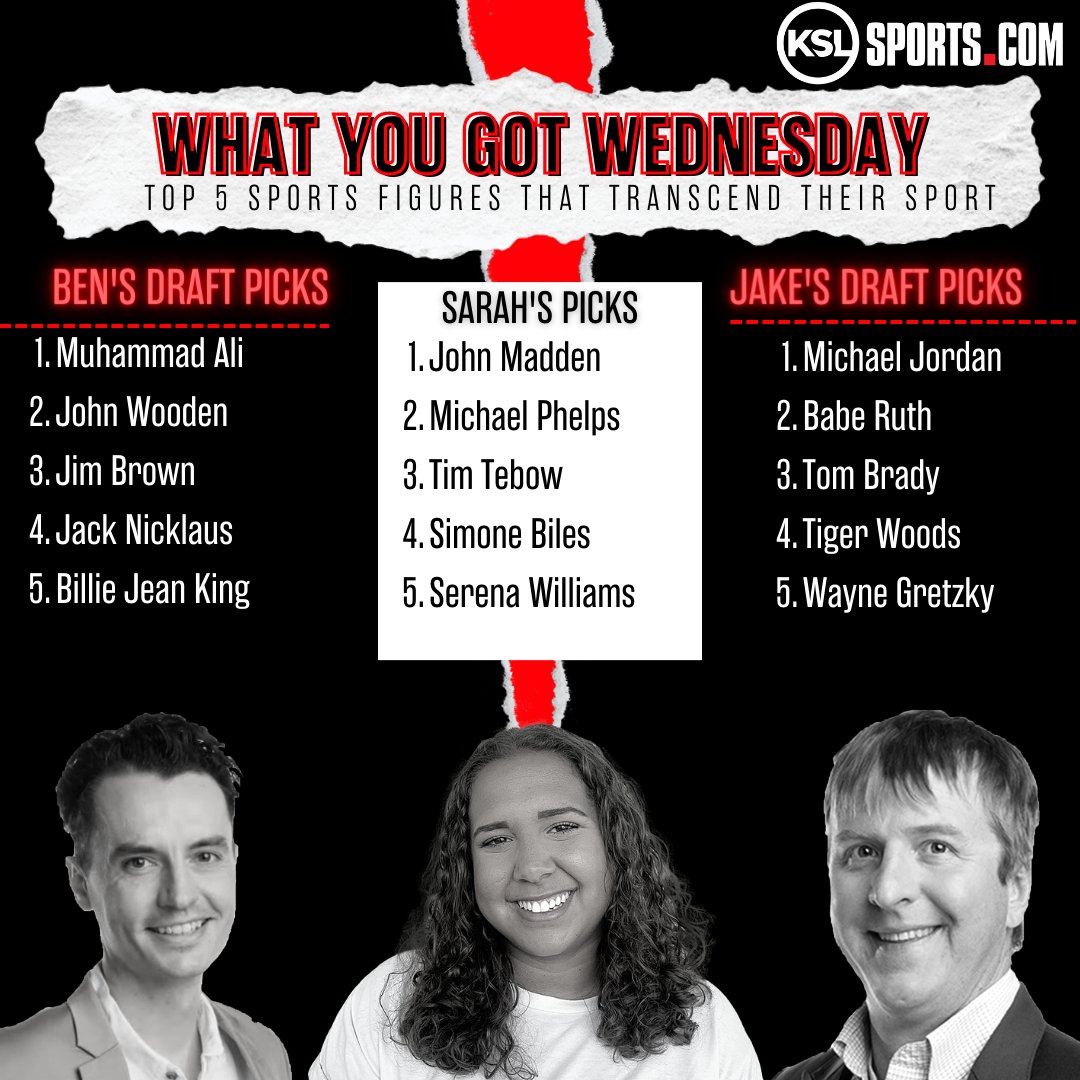 JakeAndBenKSL's tweet photo. Today's What You Got Wednesday has a little twist with producer @SarahHoussian joining in with @JakeScottZone & @BensHoops on giving their top 5 draft picks for:
- Sports figures that transcend their sport
- Best first
Vote bellow on who you think had the best draft ⤵ https://t.co/v8yFVUNR2X