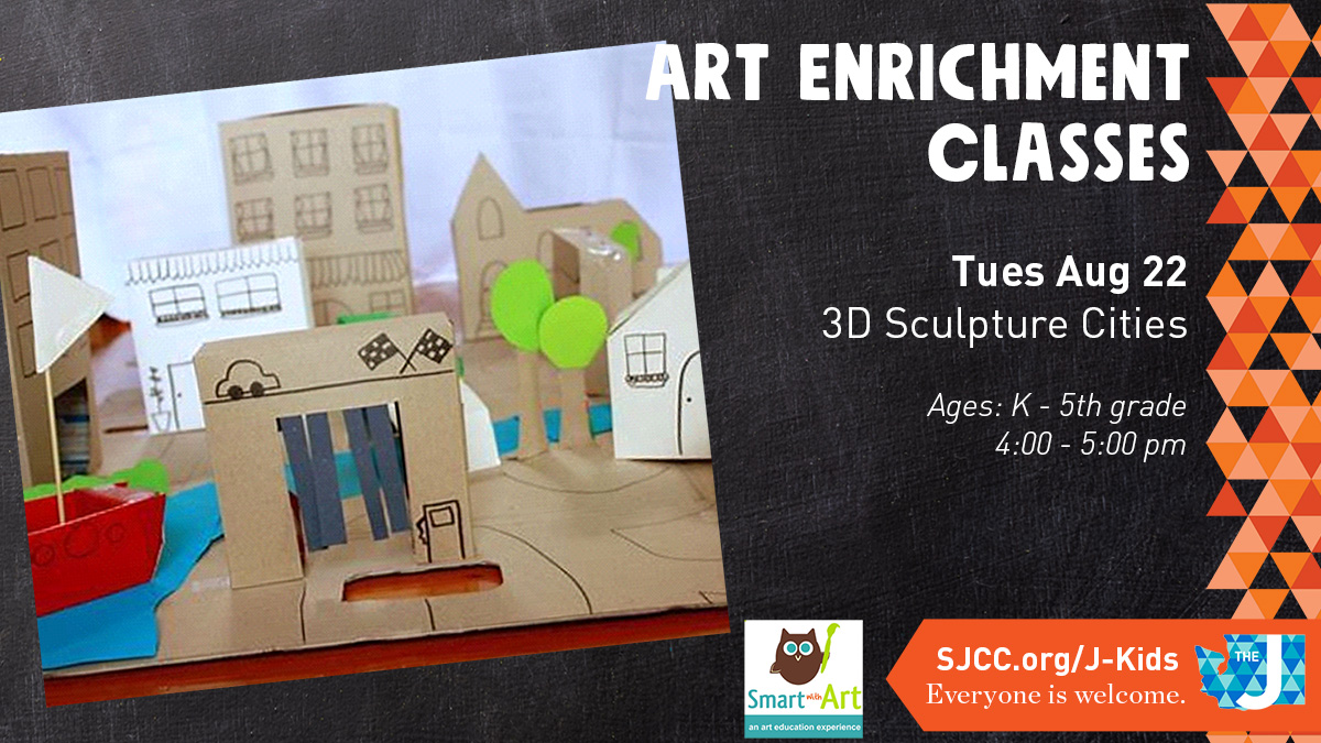 Hey kids, join us Aug. 22 for our final Summer Art Class: 3D Sculpture Cities. We will work in 3D with tagboard to create a cityscape of buildings in this summer art class led by Smart with Art. Register >> bit.ly/3YIBCG7 #StroumJCC #Summer2023 #JKids
