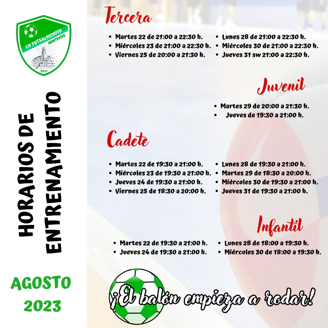 ¡El balón comienza a rodar! 

Aquí os dejamos los horarios de entrenamiento de las últimas semanas de Agosto de nuestros grupos: Tercera, Juvenil, Cadete Autonómico e Infantil Autonómico
