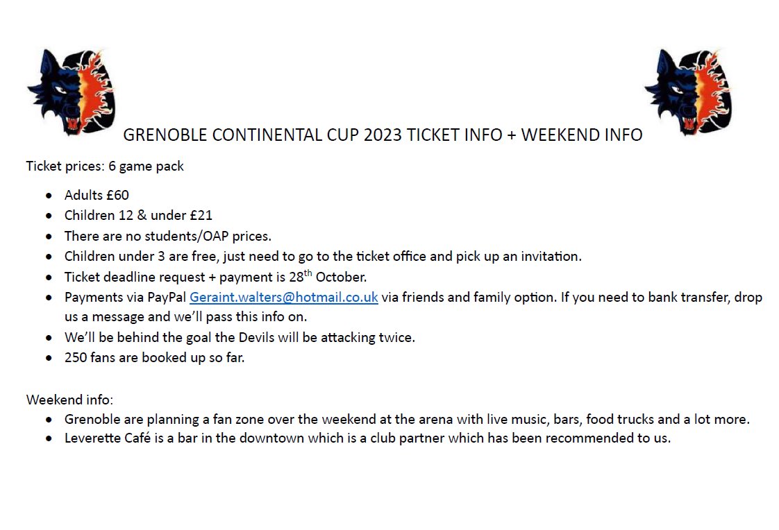 DevilsinCHL's tweet image. Prices for the Conti cup in Grenoble are confirmed below as well as some info for the weekend itself. 

We’re still taking ticket requests for fans.

Those who’ve already requested, just let us know how many adults/kids tickets are needed.

@cardiffdevils @Block13Devils
