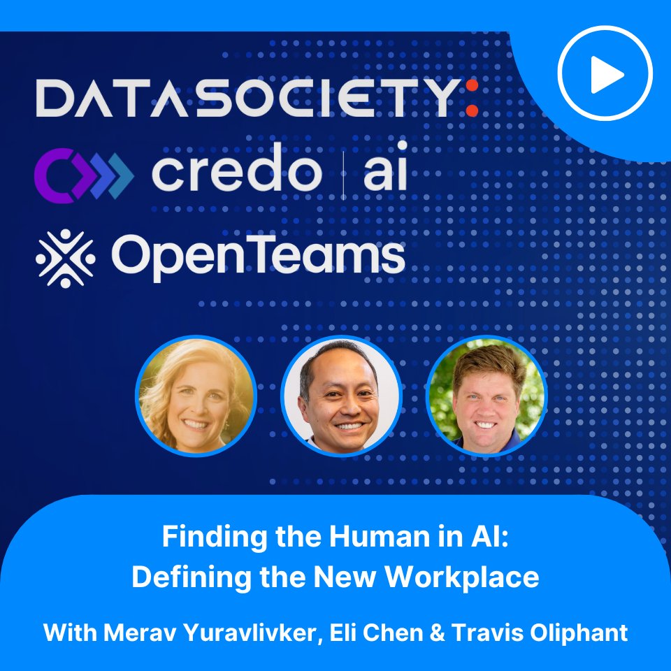 Tune in as @merav_yurav (@datasocietyco CEO), @elichen (@CredoAI CTO), and @teoliphant (OpenTeams CEO) discuss the challenges & opportunities of this era of transformative integration of generative AI & human society. 🗓️14 Sep 2023 🕚1-2 PM EDT Register: us06web.zoom.us/webinar/regist…