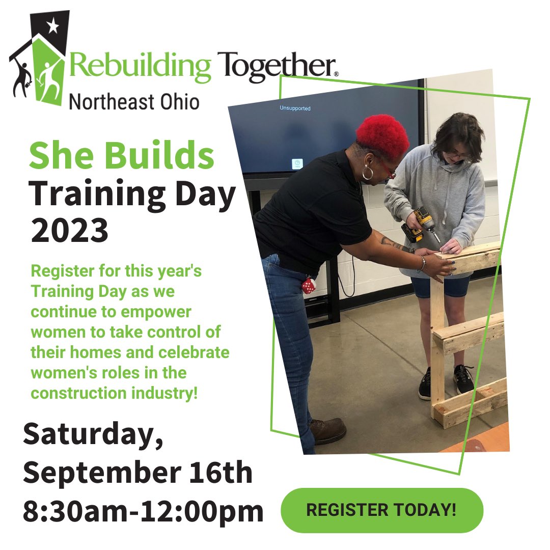Please join us this year for our She Builds Training Day 2023 as we relate for two projects this year that will help revitalize centers that provide services to women around Northeast Ohio. Registration can be taken here: eventbrite.com/e/she-builds-t…