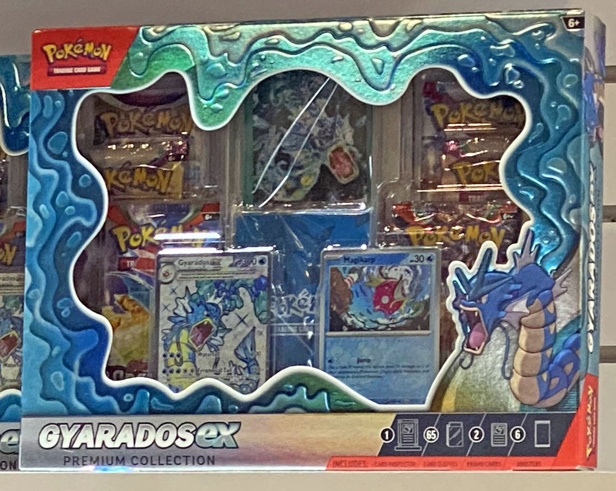 First Look at Gyarados ex Premium Collection!  The box will include a  full art Gyarados ex, reverse holo Magikarp, magnetic card protector, card  sleeves and 6 booster packs. #PokemonTCG Read more: