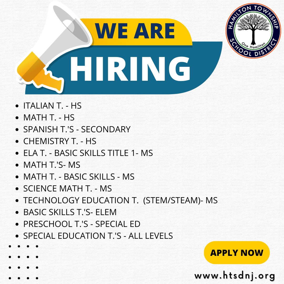 📣 HTSD is Hiring! Join our TEAM 🍎 Visit ➡️ tinyurl.com/2p8fma9j APPLY today! #HTSD @ScottRRocco @HTSDSecondary @HTSD_HR @HTSD_Tech @HTSDCurriculum @LauraGeltch @HTSD_Nottingham @HTSD_West @HTSD_Steinert @SpartanSentinel @HTSD_Crockett @HTSD_Grice @HTSD_Reynolds