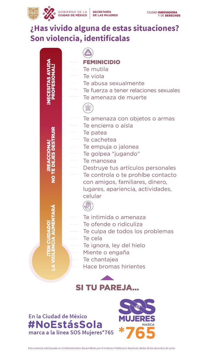 SSC_CDMX's tweet photo. En la #CiudadDeMéxico, #NoEstásSola. Conoce y revisa el #Violentómetro. Recuerda, a través de la línea 📞 SOS Mujeres *765, trabajamos en conjunto para apoyarte y brindarte atención especializada. https://t.co/k860sEfiZI