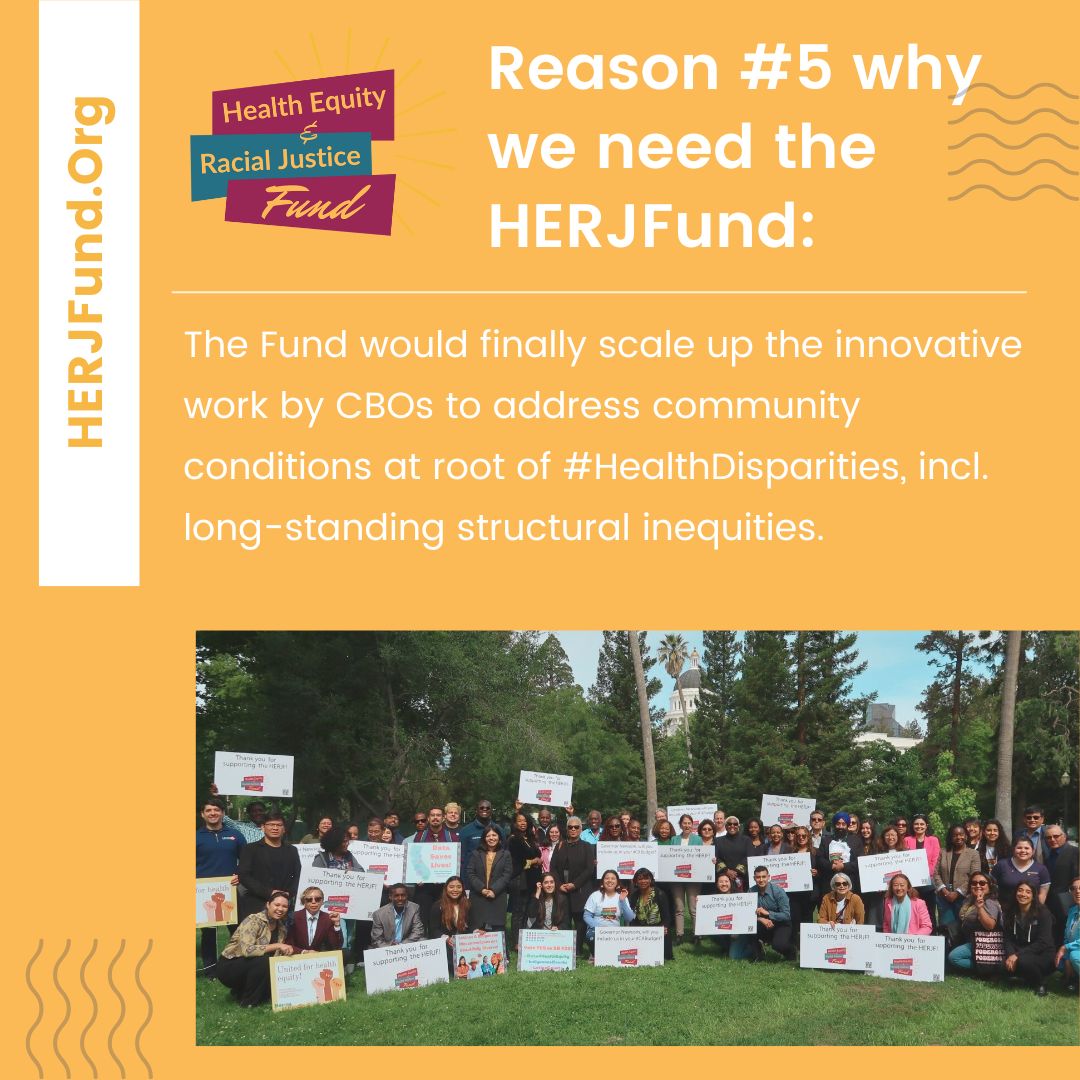 Reason #5 for #HERJFund: It would scale up innovative work being done by CBOs to address community conditions (#FoodInsecurity/Poverty/Housing, etc) at root of #HealthDisparities, incl. long-standing structural inequities. @CAGovernor #CALeg Take Action: bit.ly/HERJLetter