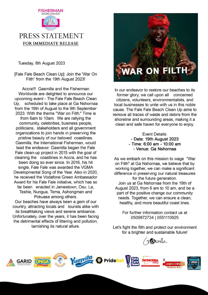 Join the solution team has we impact and transform our coastlines 

This Saturday 19th of August 2023
Venue : Ga Nshoona 
Time : 6am - 10am 
Theme : War on Filth 

Sponsor : <a href="/garidaccra/">garidaccra</a> @ongaghana @cowbellghana @yumvitaghana <a href="/pridebetgh/">PrideBet Ghana</a>
