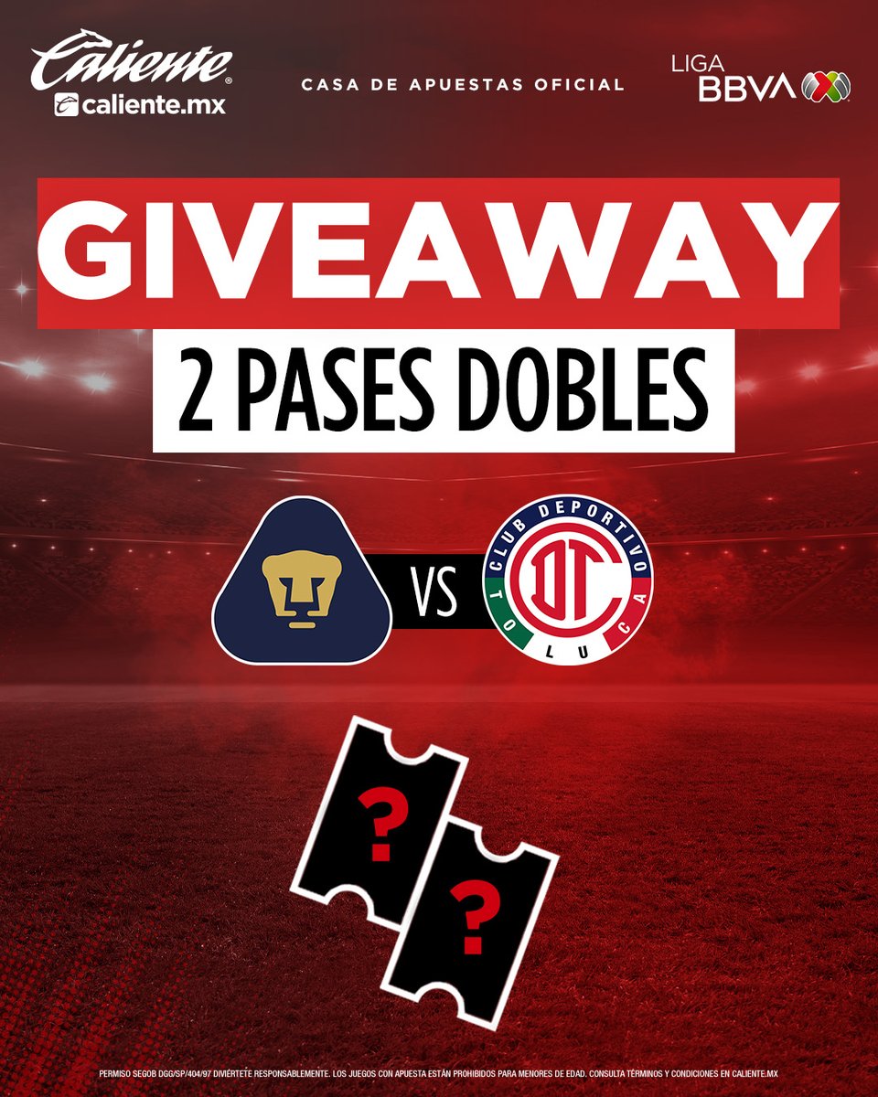 GIVEAWAY 🏟️🎟️🎟️

¡GANA UN PASE PARA #PUMAS🐾🆚#TOLUCA 👹!

1️⃣Dale RT y ❤️
2️⃣Sigue a <a href="/calientesports/">Caliente Sports</a> en TW e IG en este link 📲 bit.ly/3PyvtY0
3️⃣Etiqueta a un amigo, cuéntanos quién es tu jugador favorito actual de ambos equipos y agrega el hashtag #MásAcciónMásDiversión