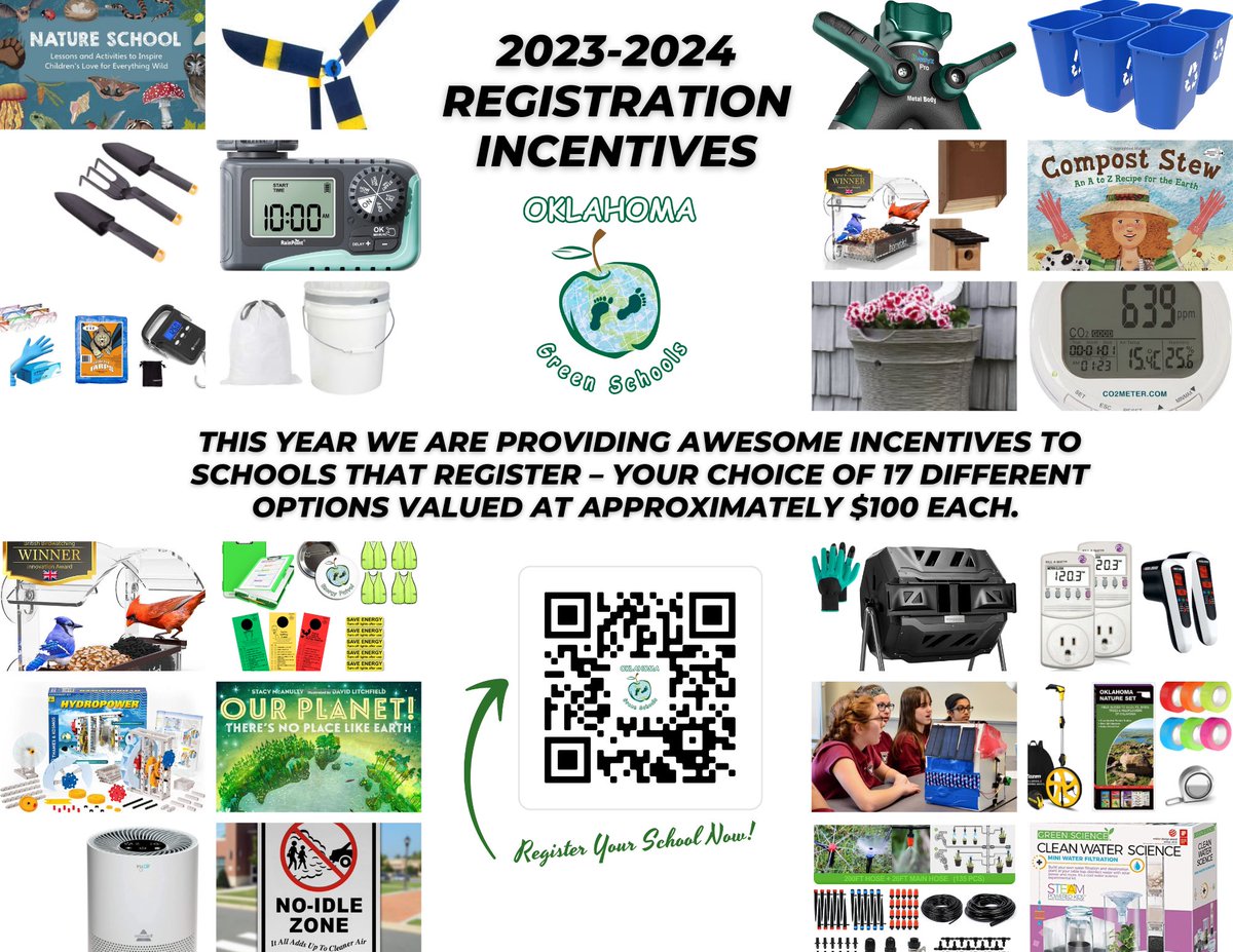 Ready, set,run to our website now to register to become an Oklahoma Green School. 

The 2023-2024 registration incentive prizes have officially been released!

Tap the link to register now: okgreenschools.org/6-steps-to-cer…