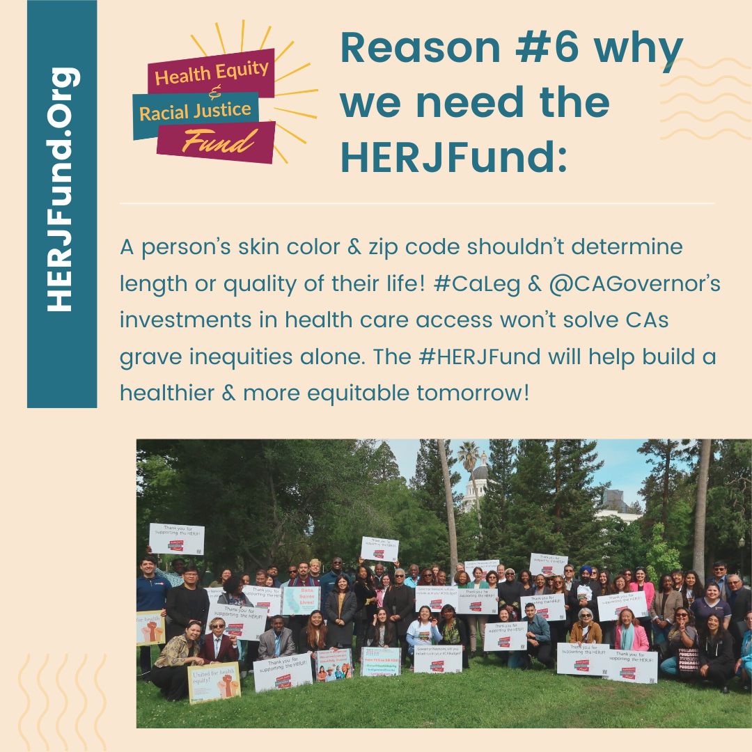 Reason #6 for #HERJFund: A person’s skin color &amp; zip code shouldn’t determine the length or quality of their life! #CaLeg &amp; <a href="/CAGovernor/">Governor Gavin Newsom</a>’s investments in health care access won’t solve CA’s grave inequities alone. #HERJFund will help build a healthier &amp; more equitable tomorrow!