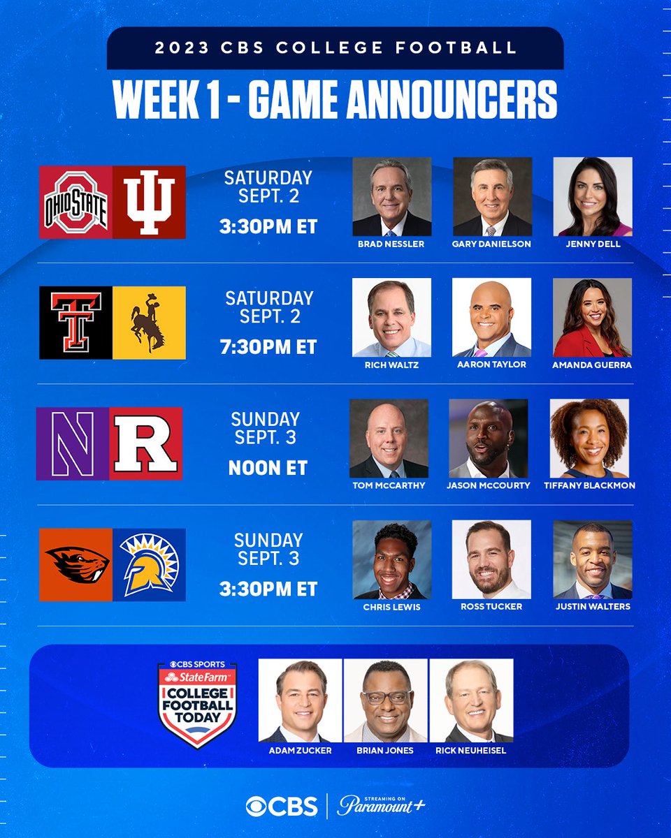 CBS Sports PR (@cbssportsgang) on Twitter photo CBS Sports has released its announcer lineup for the 2023 College Football season.
Coverage begins Saturday, Aug. 26 with ‘Week Zero’ on <a href="/CBSSportsNet/">CBS Sports Network</a> while CBS and <a href="/paramountplus/">Paramount+</a> kick off Week 1 with two Big Ten matchups.
Full release: bit.ly/47BgBRW CBS Sports has released its announcer lineup for the 2023 College Football season.
Coverage begins Saturday, Aug. 26 with ‘Week Zero’ on <a href="/CBSSportsNet/">CBS Sports Network</a> while CBS and <a href="/paramountplus/">Paramount+</a> kick off Week 1 with two Big Ten matchups.
Full release: bit.ly/47BgBRW