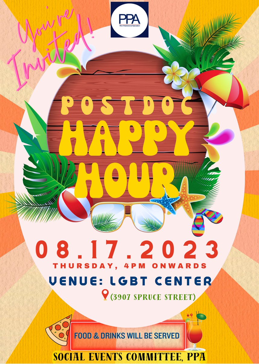 PennPPA's tweet photo. Hi #PennPostdocs!
Join us for the much awaited August Happy Hour!
📍LGBT center (3907 Spruce street)
🗓️8-17-23
⏰4pm
There will be food, drinks and a lot of fun! 🥳
#pennpostdocassociation #pennpostdocs #upenn #ppa #HappyHour https://t.co/bZ9o3NzLUh