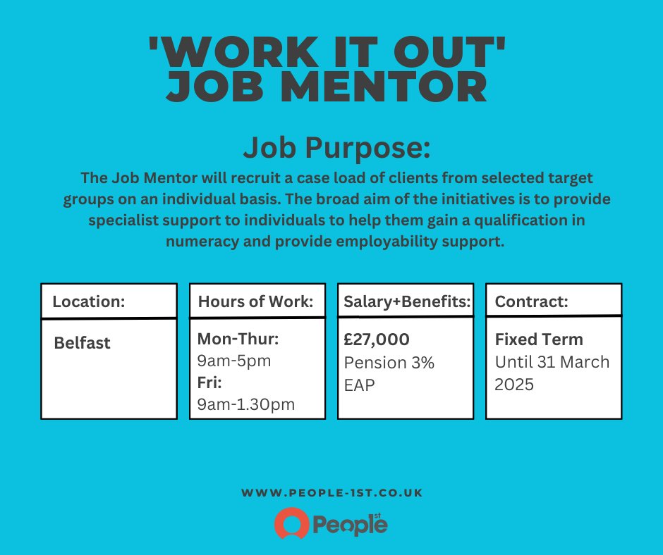 people1stni's tweet photo. People 1st is seeking a dedicated and motivated Job Mentor for our 'Work It Out' numeracy programme!!
Apply Now: https://t.co/yf75OjO33e
Job closes Fri 25 Aug at 12 noon.
#people1stni #belfast #firstfortraining #workitout #numeracy #essentialskills #nijobs https://t.co/GWe38Yj0CF