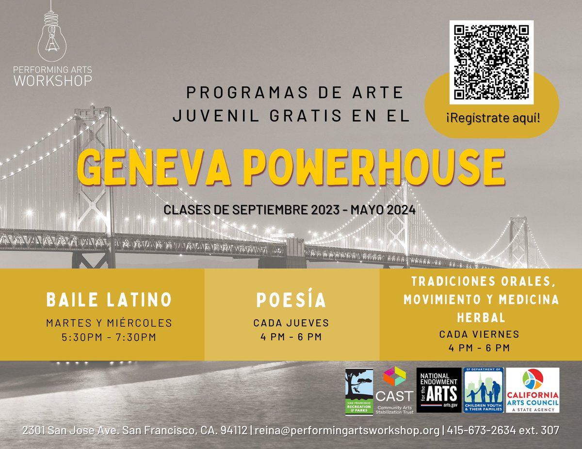 PerformingArtsW's tweet photo. ATENCIÓN: Programas de Arte en el Geneva Powerhouse 🚨

Desde baile latino 🪩 hasta poesía hablada ✍️ e incluso medicina herbal 🌿 estudiantes de edades entre 10 y 18 años están invitados a liberar su creatividad en el Powerhouse 🏰

Registro en bio 🔗 https://t.co/EBSaISff3j