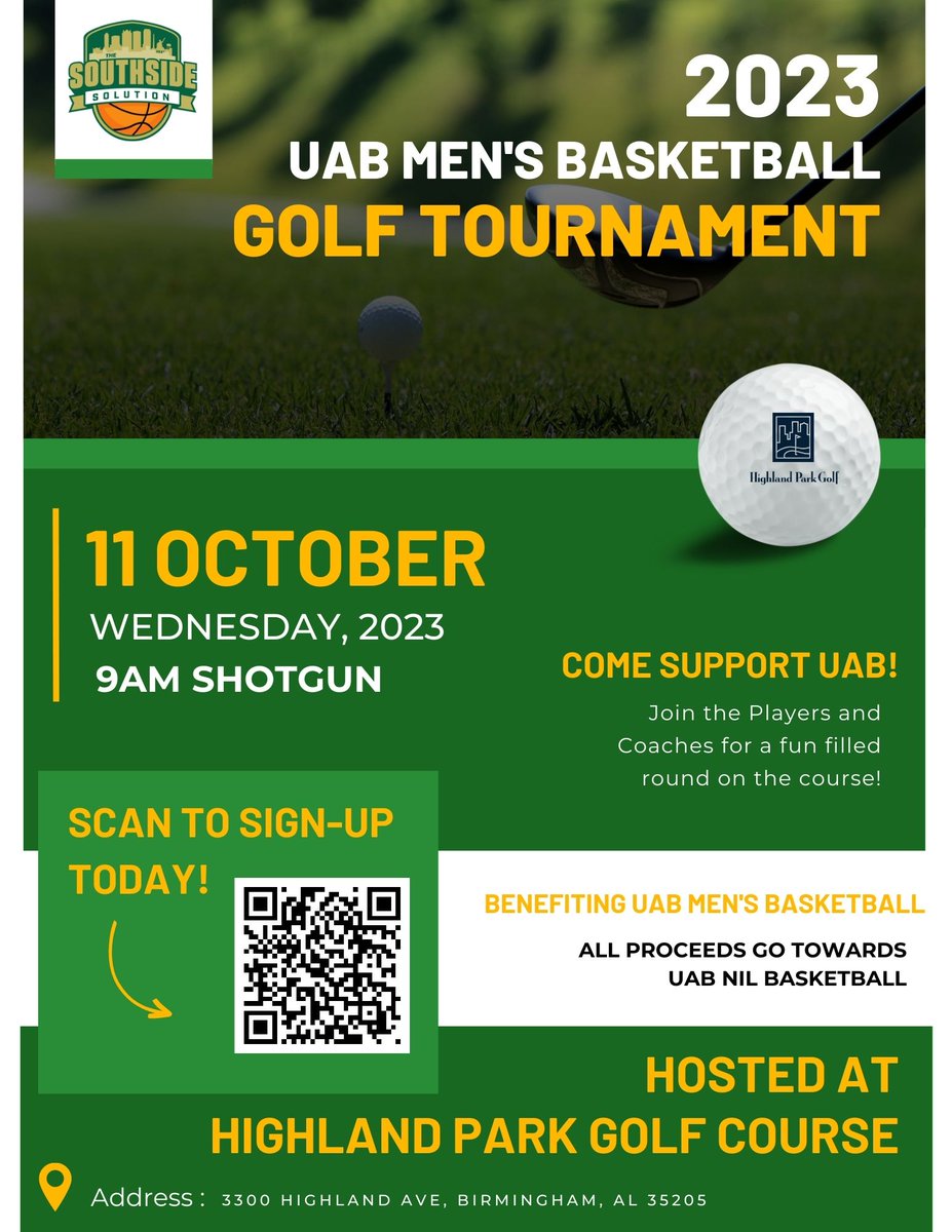 Highland Park Golf (@highlandgolfal) on Twitter photo Looking for your next local Golf Tournament? Join the Players and Coaches of <a href="/UAB_MBB/">UAB Men's Basketball</a> and support The Southside Solution!!
hpg-uabgolftournament.golfgenius.com/pages/97437873… Looking for your next local Golf Tournament? Join the Players and Coaches of <a href="/UAB_MBB/">UAB Men's Basketball</a> and support The Southside Solution!!
hpg-uabgolftournament.golfgenius.com/pages/97437873…