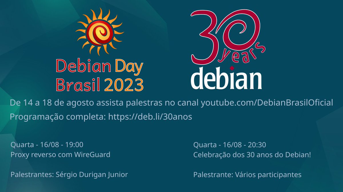 Vamos celebrar hoje os 30 anos do Projeto Debian! A partir das 19h com transmissão no youtube youtube.com/watch?v=gYoYuB… #debianday #debian #debian30years