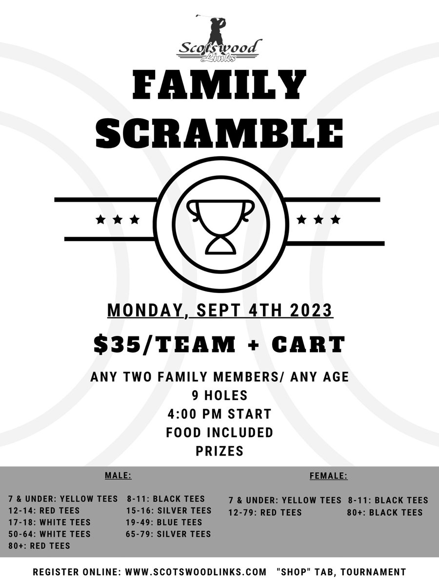 We’ve added a new tournament to this year’s roster and it’s a one of a kind, never been done event here at Scotswood!

Click the link below to register for the new Family Scramble Tournament ⛳️

tee-on.com/PubGolf/servle…