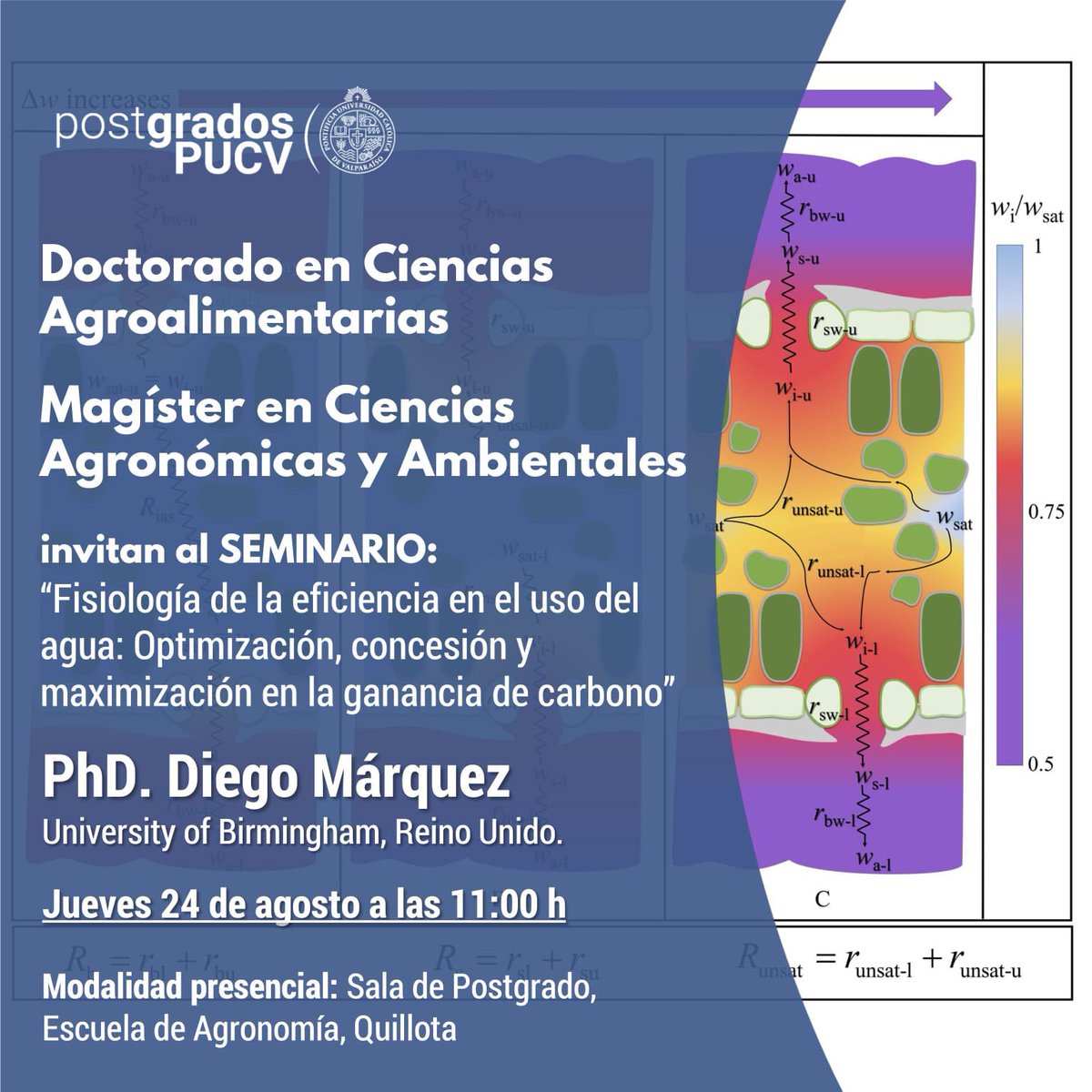 💧No te pierdas el 24 de agosto a las 11:00, el Seminario “Fisiología de la eficiencia en el uso del agua: Optimización, concesión y maximización en la ganancia de carbono”, a cargo del Doctor de la ANU e Investigador en la Universidad de Birmingham, Inglaterra, Diego Márquez.