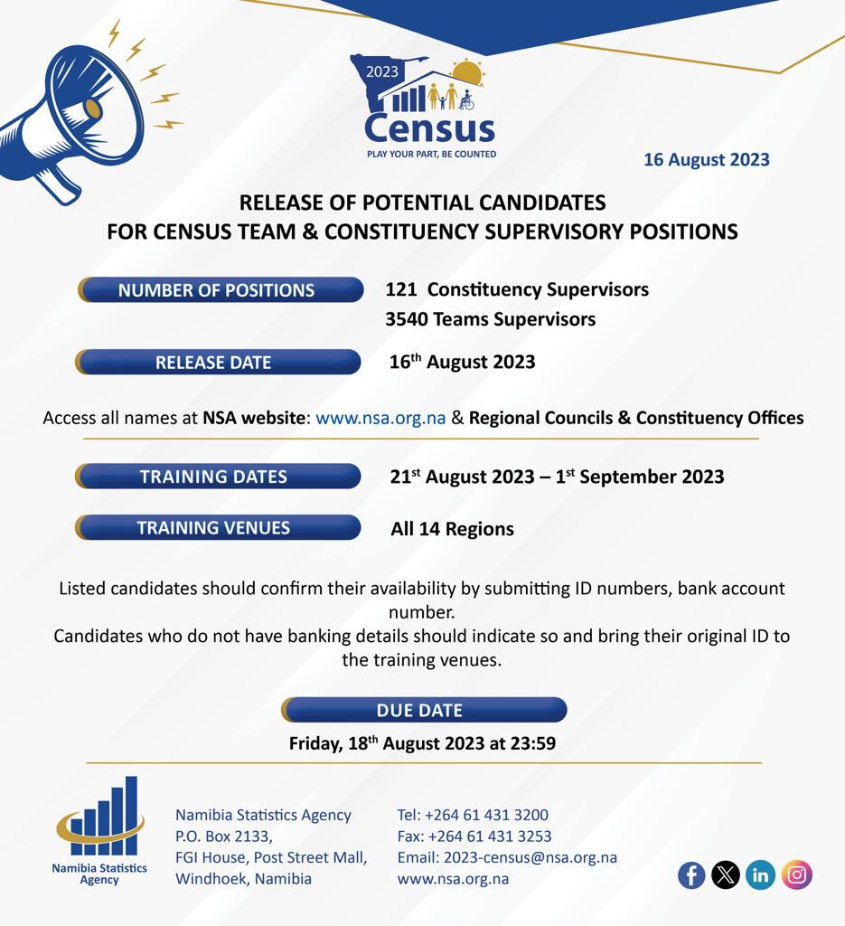 namstatsagency's tweet photo. PUBLIC NOTICE: RELEASE OF POTENTIAL CANDIDATES FOR CENSUS TEAM & CONSTITUENCY SUPERVISORY POSITIONS
Follow the link below for the list of shortlisted candidates.
https://t.co/FEHOahqiil
#NSA_Namibia #2023census #namibia #statistics #PlayYourPartBeCounted https://t.co/RVxHsiEQ7T