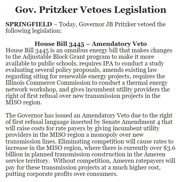 brendenmoore13's tweet photo. .@GovPritzker has issued an amendatory veto of HB 3445, removing language that would have given Ameren the right-of-first-refusal to build new transmission lines in downstate Illinois. This was expected. #twill https://t.co/t4d0biTRUD