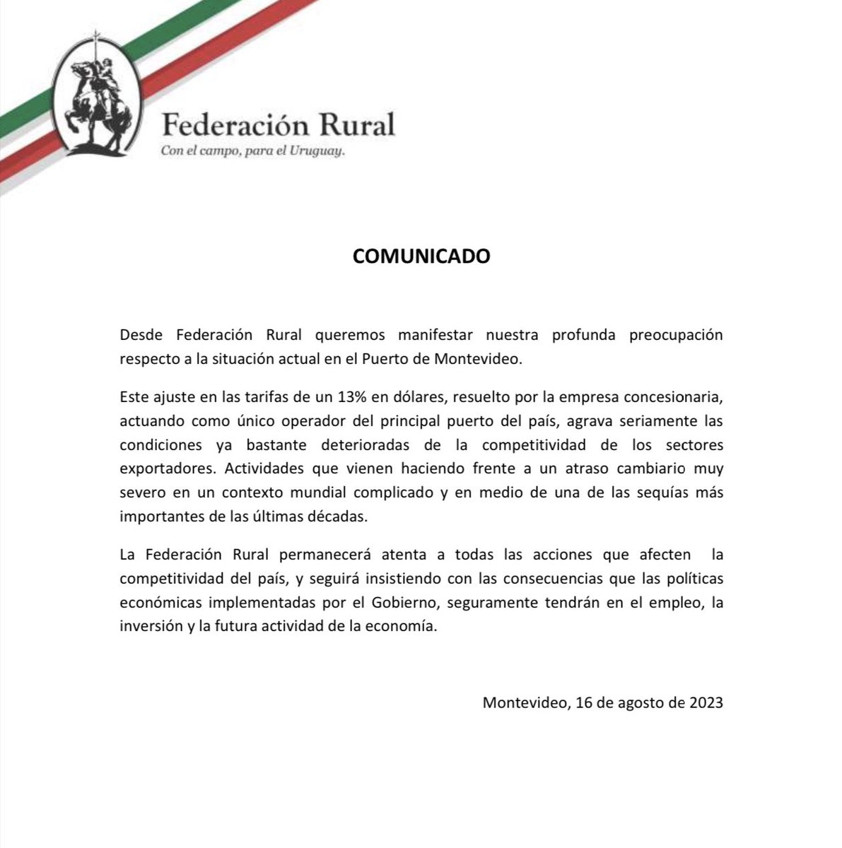 COMUNICADO 📢 

Hacemos pública nuestra preocupación ante la situación actual en el Puerto de Montevideo y el gran impacto que está teniendo el atraso cambiario en el sector exportador

<a href="/Uniondeexport/">Unión de Exportadores del Uruguay</a> <a href="/compresidencia/">Presidencia Uruguay</a> <a href="/mef_Uruguay/">Economía y Finanzas</a>