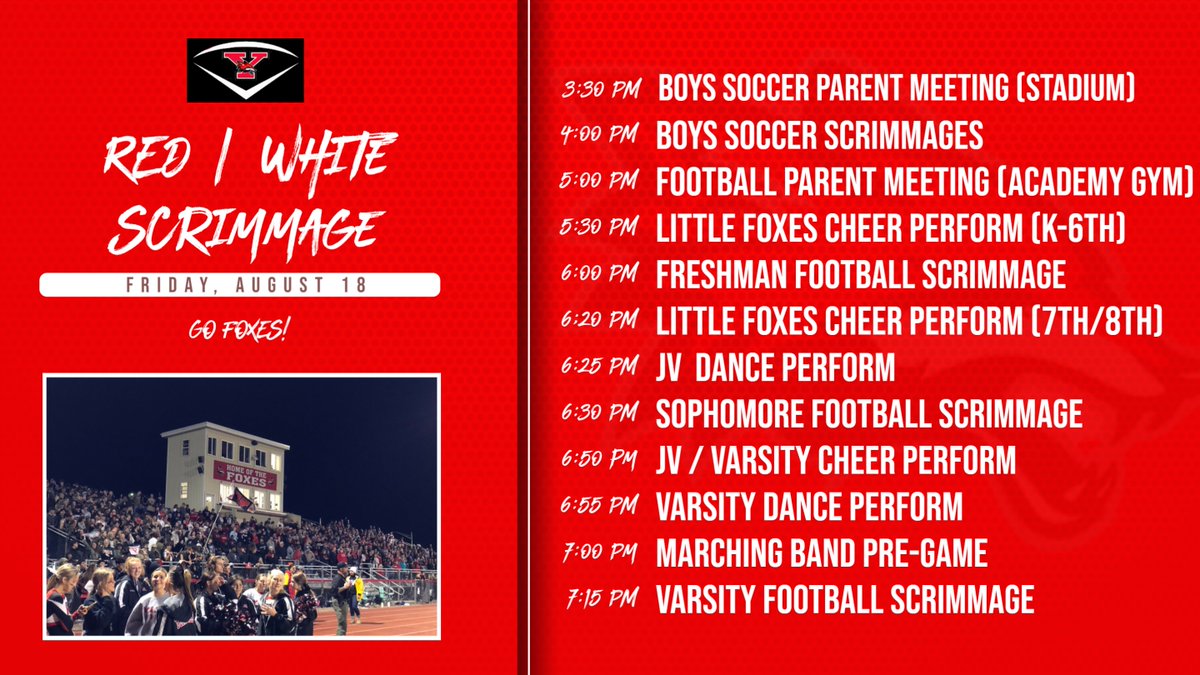 YHSAthletics115's tweet photo. The annual Red/White scrimmages are this week! Come out and support the @YHSfoxesVball team on Thursday, 8/17 &amp; the @foxsoccerboys, @CoachDanMcGuire, @yorkvillecheer, @yhs_dance and @YorkvilleBands on Friday, 8/18! 

Go Foxes! https://t.co/h42eSOJQ4o