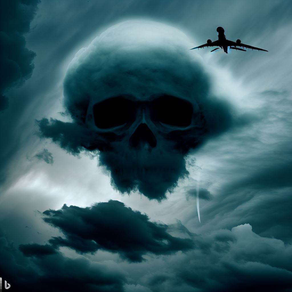 pedrocarvalhoTW's tweet photo. 🤖 Prompt: Sinister cloudy sky where one cloud takes the form of a skull, and there's a passenger airplane banking through the air.

#CreatividadComputacional. 
#AIart #AIArtworks #IA #ArteIA https://t.co/nzA27vZqaq