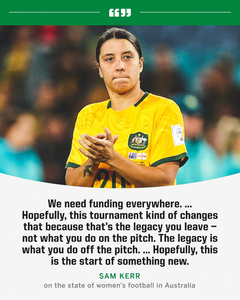 espnW's tweet photo. Following Australia's loss in the Women's World Cup semifinal, Sam Kerr called for more funding for women's football in Australia. https://t.co/OxduoceSkS