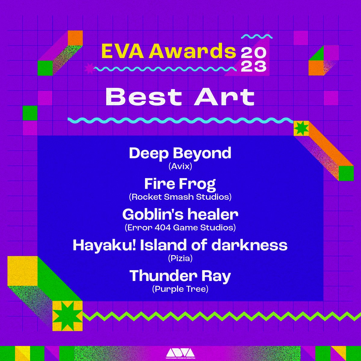 adva_vg's tweet photo. 🕹EVA 2023 AWARDS🏆

✨¡Ya tenemos nominaciones!

🥇Los títulos ganadores serán anunciados el Sábado 16 de Septiembre en el Auditorio del Centro Cultural Kirchner en el marco de la EVA 2023.

👏¡Felicitaciones a los estudios elegidos! https://t.co/XhnC96yxPO
