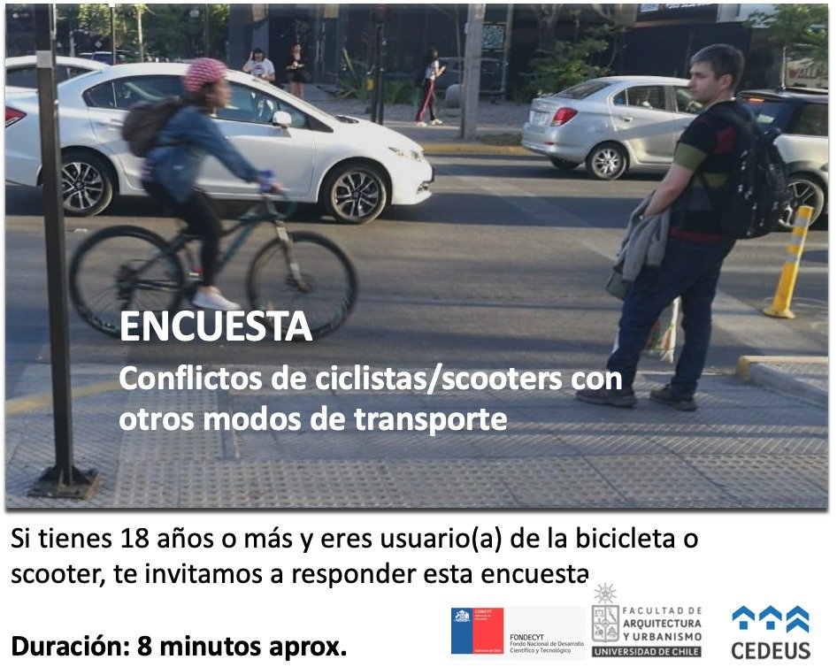 Ayuden por favor contestando esta encuesta de un proyecto de investigación que trata de entender mejor los conflictos entre ciclistas (tb usuarios de scooter)  y otros actores viales!!!

(por favor ayudar tb con un RT)

¡¡¡link a la encuesta!!!  survey.alchemer.com/s3/7414780/Con…