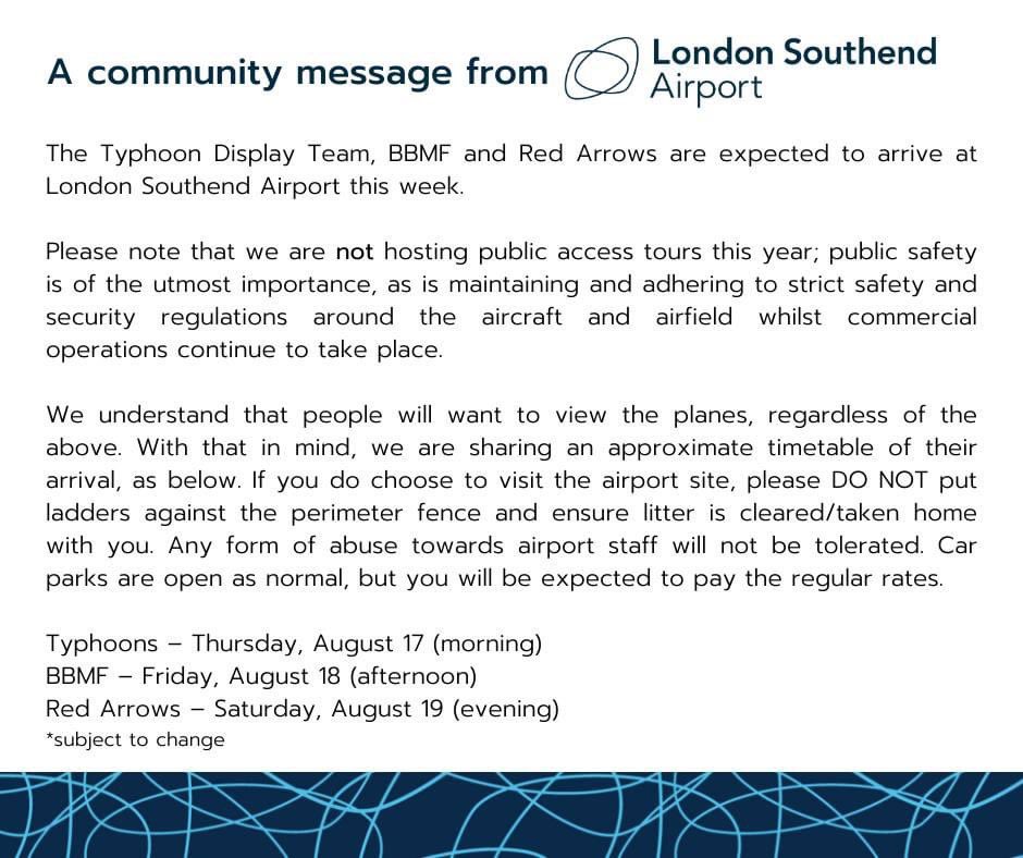 We are gearing up for the weekend with some very exciting movements due. Unfortunately we have been advised we are unable to provide exact timings, however please see the following statement from London Southend Airport