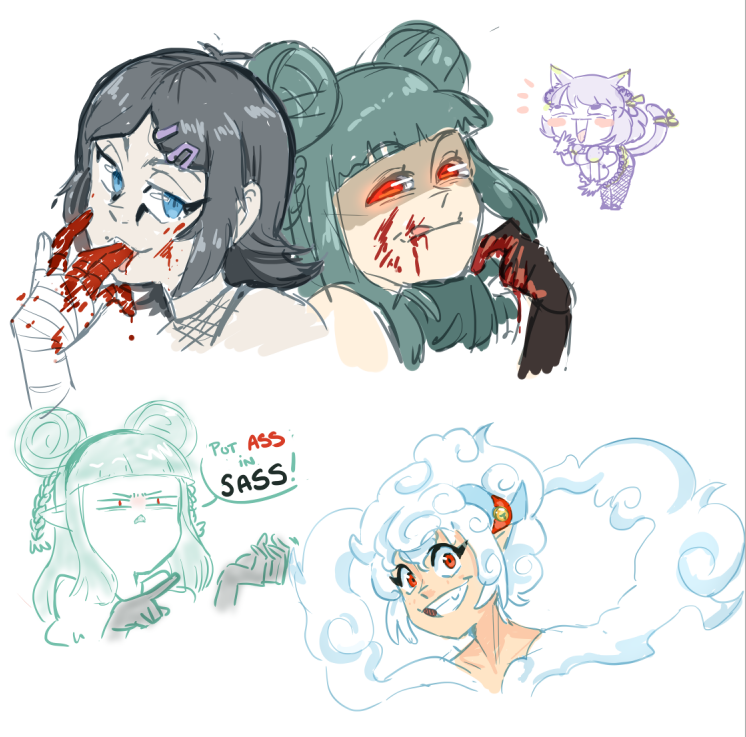 jannzky's tweet image. So many stream doodles! Characters all over the place belongs to @sylphrenax, @KaioSekkaArt, @ItsLilZammie and @Zenramaru_wolf!