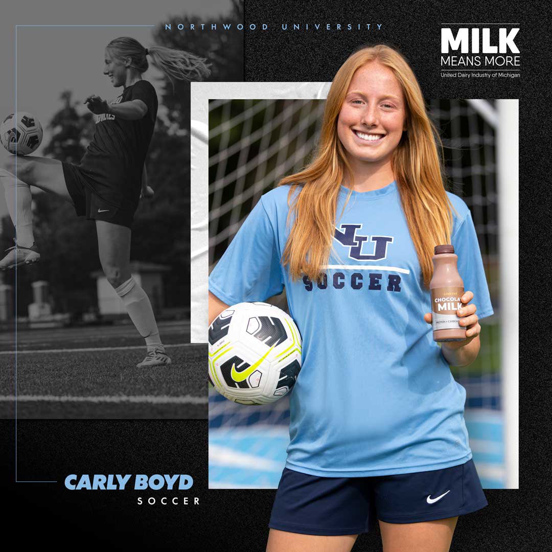 Meet the newest member of the Milk Means More team of athletes - Carly Boyd. We’re excited to partner with her and share how milk fuels her performance both on and off the field as she heads into her sophomore year at Northwood Univ. #milkmeansmore #gonnaneedmilk #udimathlete
