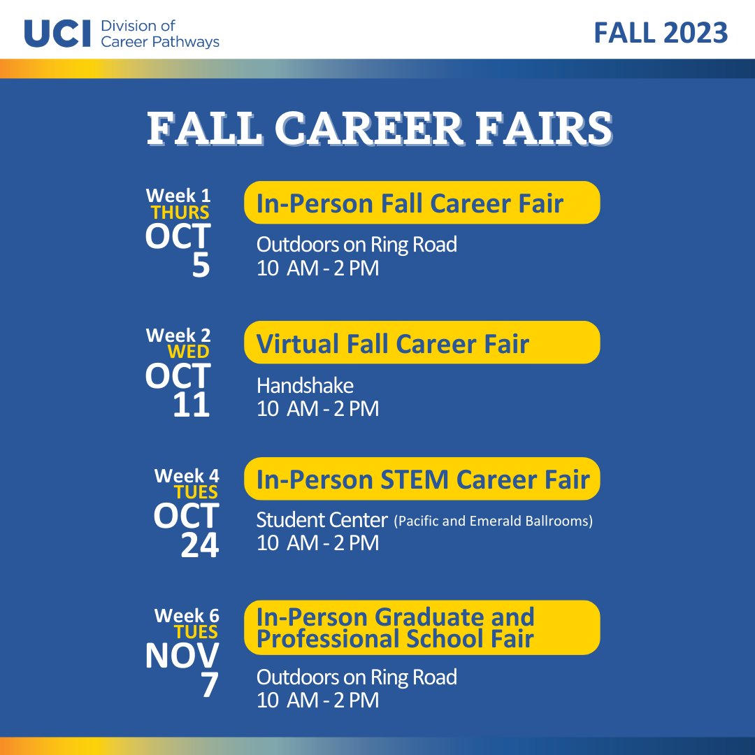 📢 Exciting News! Mark your calendars for the upcoming UCI Fall Career Fairs 🍂🎉! Get ready to connect with top employers eager to hire talented UCI students. Our first one kicks off during Week 1 - Thurs, Oct 5 - 10am-2pm - Outdoors on Ring Road