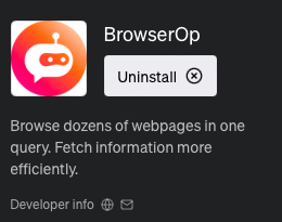 peternixey's tweet photo. It's a weird little plugin in that I've no idea who makes it (and maybe one day I'll find it was draining my chats) but in the meantime, BrowserOp is a cracking ChatGPT plugin. Super capable and helpful. Much better than my experience with the Bing plugin https://t.co/QNMy9WxZAc