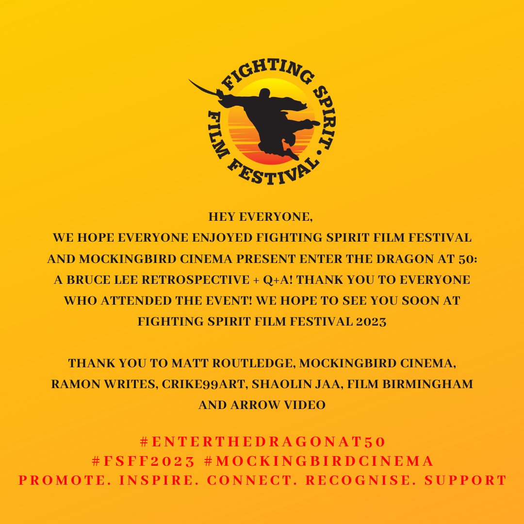 FSFilmFestival's tweet photo. Hey Everyone,
We hope everyone enjoyed Fighting Spirit Film Festival and @mockbirdcinema Present Enter the Dragon at 50: A Bruce Lee Retrospective + Q+A!
#EnterTheDragon #enterthedragon50 #BruceLee #fightingspiritfilmfestival #mockingbirdcinema #birmingham #documentary https://t.co/0DTL7pPpFS