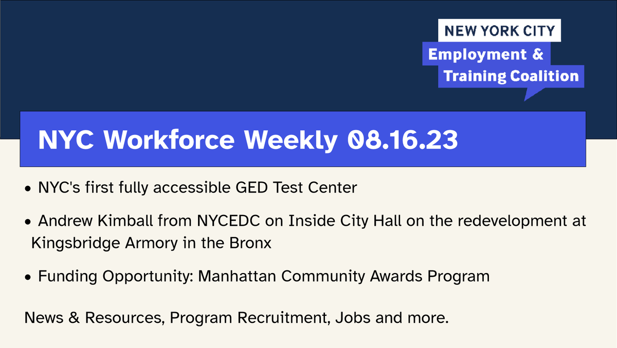 It's Workforce Weekly Wednesday! Check out our weekly newsletter for up-to-date info on local #WkDev, funding opportunities, program recruitment, job opportunities w/in the sector &amp; more. 

Read: mailchi.mp/nycetc.org/nyc…