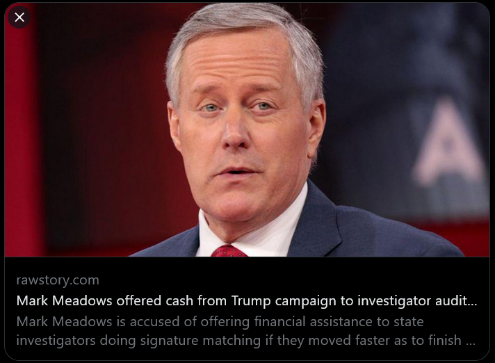 TheRainBowNavy2's tweet photo. No Violation of Campaign Finance Law Here...
#wtpBLUE #ProudBlue #ResistanceUnited 
-- Mark Randall Meadows sent a text message to Office of the Georgia  Secretary of State Chief Investigator Frances Watson that stated in  part, "Is there a way to speed up Fulton county (sic) signature  verification in order to have results before Jan. 6 if the trump (sic) campaign assist (sic) financially." #DemVoice1 
-- The conclusion in the indictment says, "This was an overt act in furtherance of the conspiracy."
-- Wouldn't this also be a an offer of a bribe (of campaign funds) to a public official  #DemsAct 
-- Mark Meadows offered cash from Trump campaign to investigator auditing Georgia's mail-in ballots: indictment https://t.co/69KGyBH42V 
#Wednesdayvibe #wednesdaythought #TheRainBowNavy