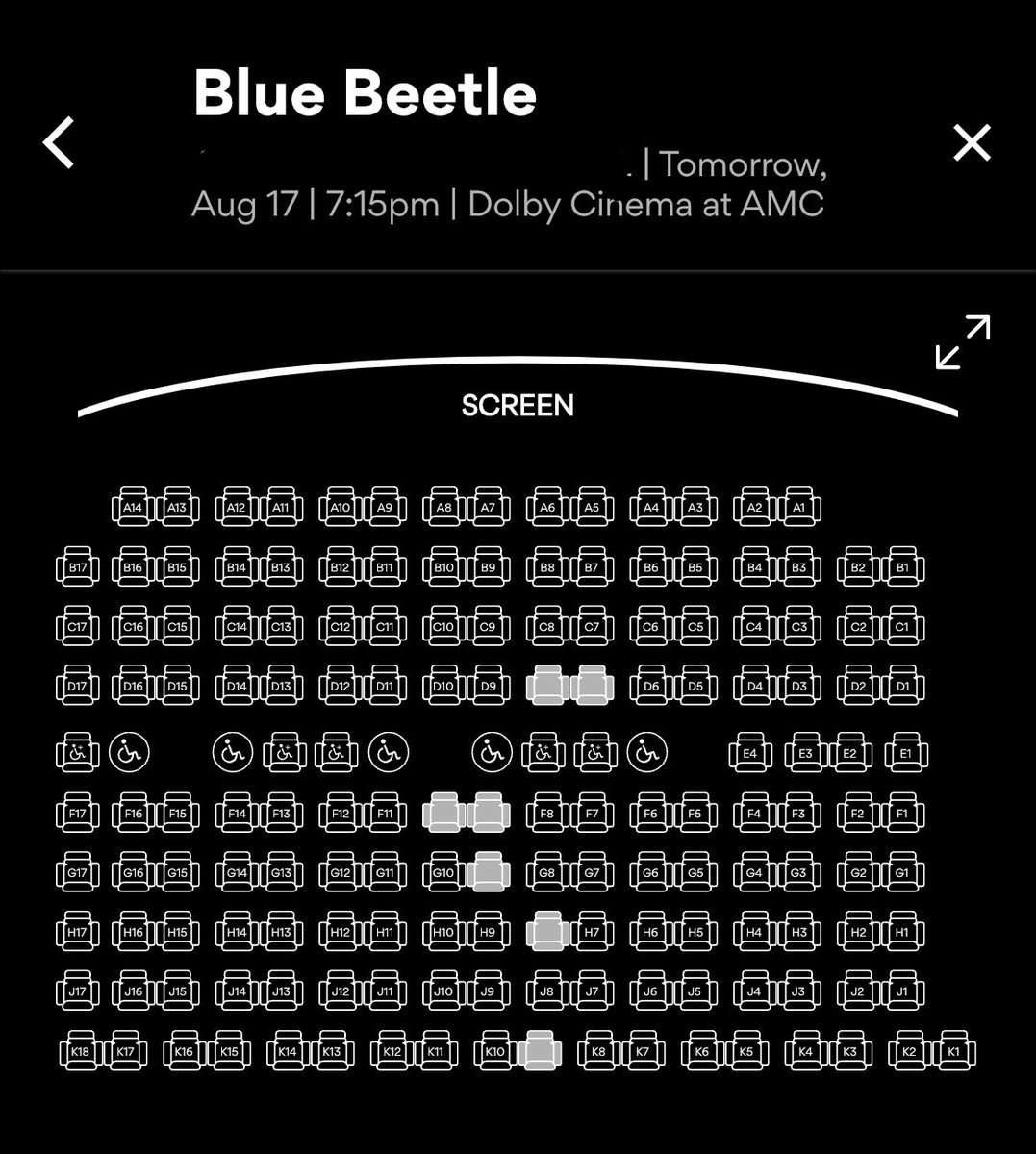 lizardhospital's tweet photo. decided to take a look at how blue beetle dolby tickets are selling for tomorrow at the two amcs near me https://t.co/xqFkDhbkbu