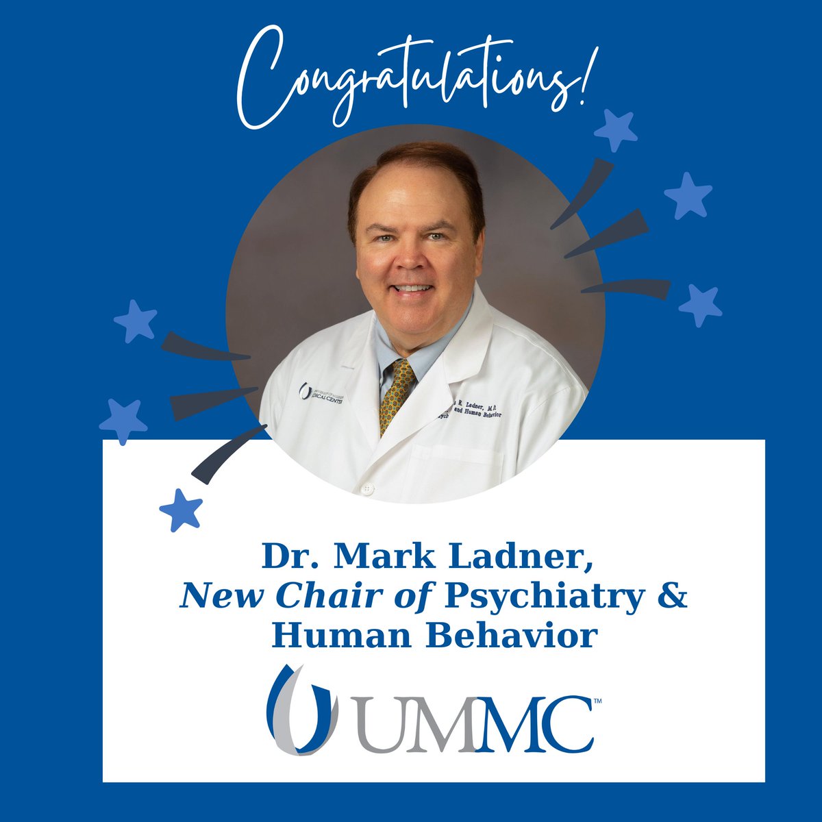 ummc_opr's tweet image. ＣＯＮＧＲＡＴＵＬＡＴＩＯＮＳ！🌠
Dr. Mark Ladner was recently named the Chair of Psychiatry &amp;amp; Human Behavior at UMMC.
#representingummc #newchair #psychiatry