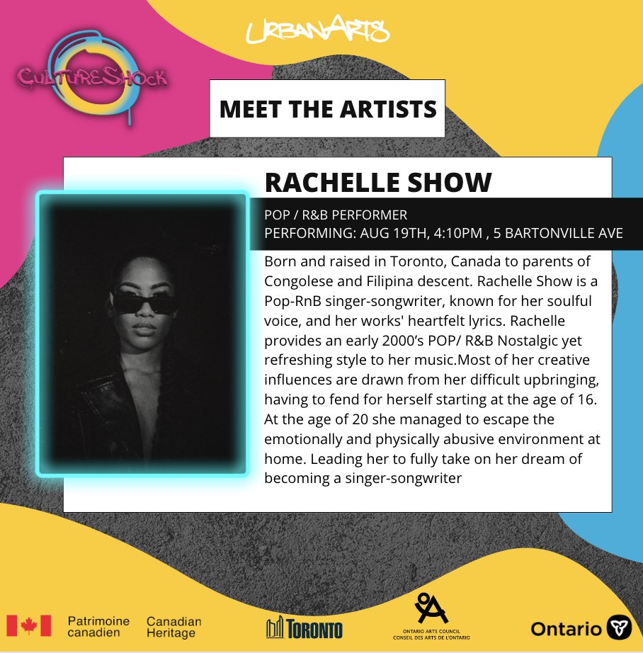 🎶 Experience the magic of Rachelle Show! ✨ Catch her live at the CultureShock Festival Block Party on Sat, Aug 19th at 4:10PM, 5 Bartonville AVE. 🎉🎤
🌍 CultureShockfest.ca. 🎟️🎵#RachelleShow #LiveMusic #CultureShockFest #PopRnB #SoulfulSounds #NostalgicVibes 🎶🎤