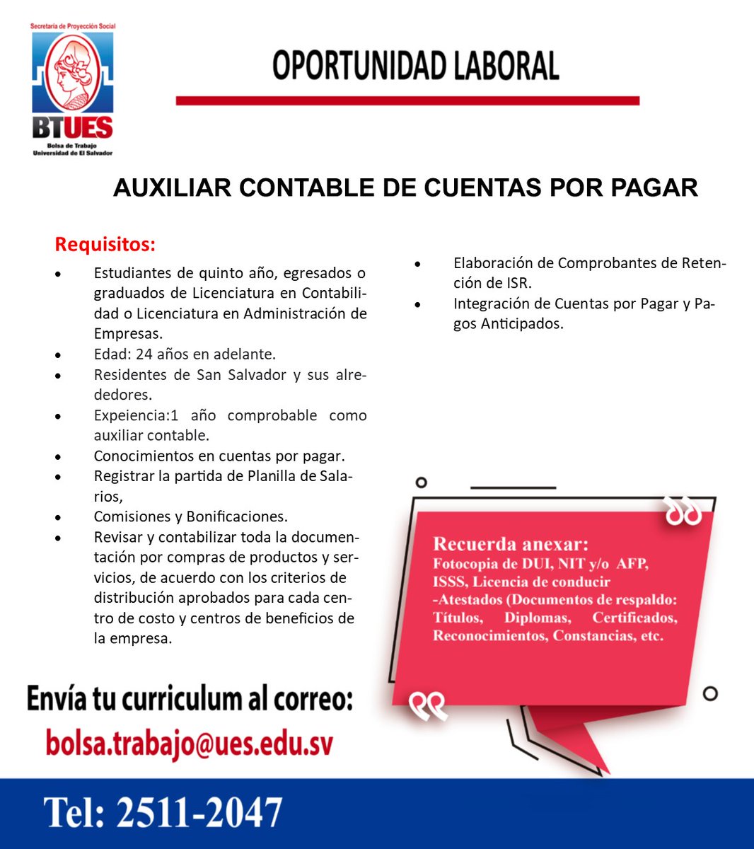Envía tu hoja de vida al correo: bolsa.trabajo@ues.edu.sv
Fecha limite 31 de agosto de 2023.