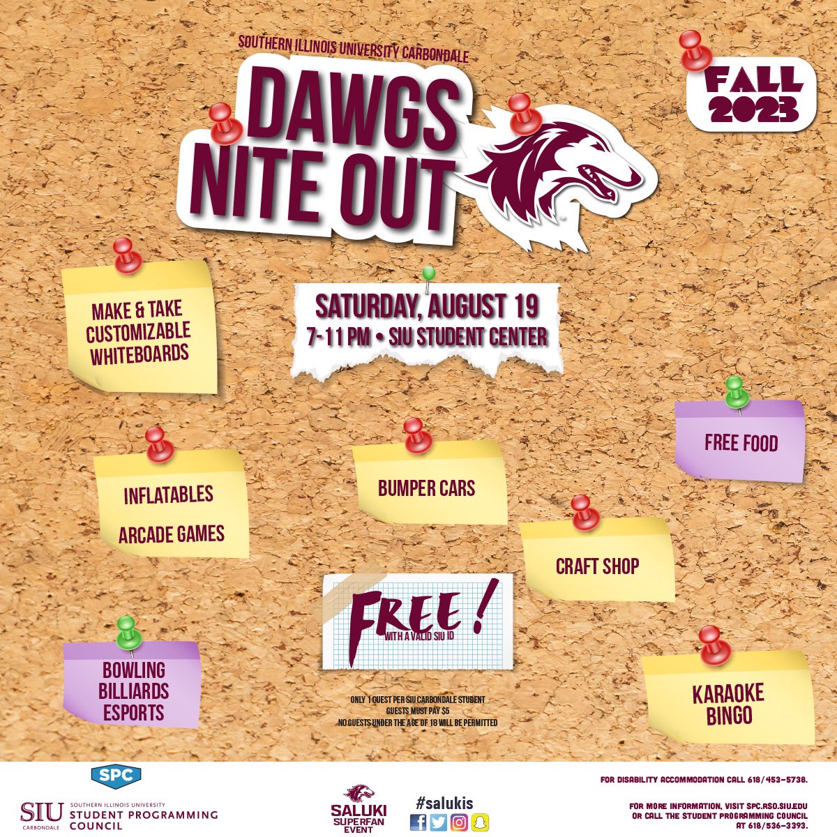 Student Programing Council (@spc_siuc) on Twitter photo 🔊 IT’S THAT TIME OF YEAR!!
👉Welcome Back DAWGS NITE OUT!
🗓️ Saturday August 19th
⏰ 7-11 pm
📍 Student Center
🪪 Free with Student ID
💲 Guests at $5 with ID
See you Saturday night to kick off <a href="/SIUC/">SIU Carbondale</a> Fall 2023!!
#thisissiu #siuspc #salukistartup #getinvolved 🔊 IT’S THAT TIME OF YEAR!!
👉Welcome Back DAWGS NITE OUT!
🗓️ Saturday August 19th
⏰ 7-11 pm
📍 Student Center
🪪 Free with Student ID
💲 Guests at $5 with ID
See you Saturday night to kick off <a href="/SIUC/">SIU Carbondale</a> Fall 2023!!
#thisissiu #siuspc #salukistartup #getinvolved