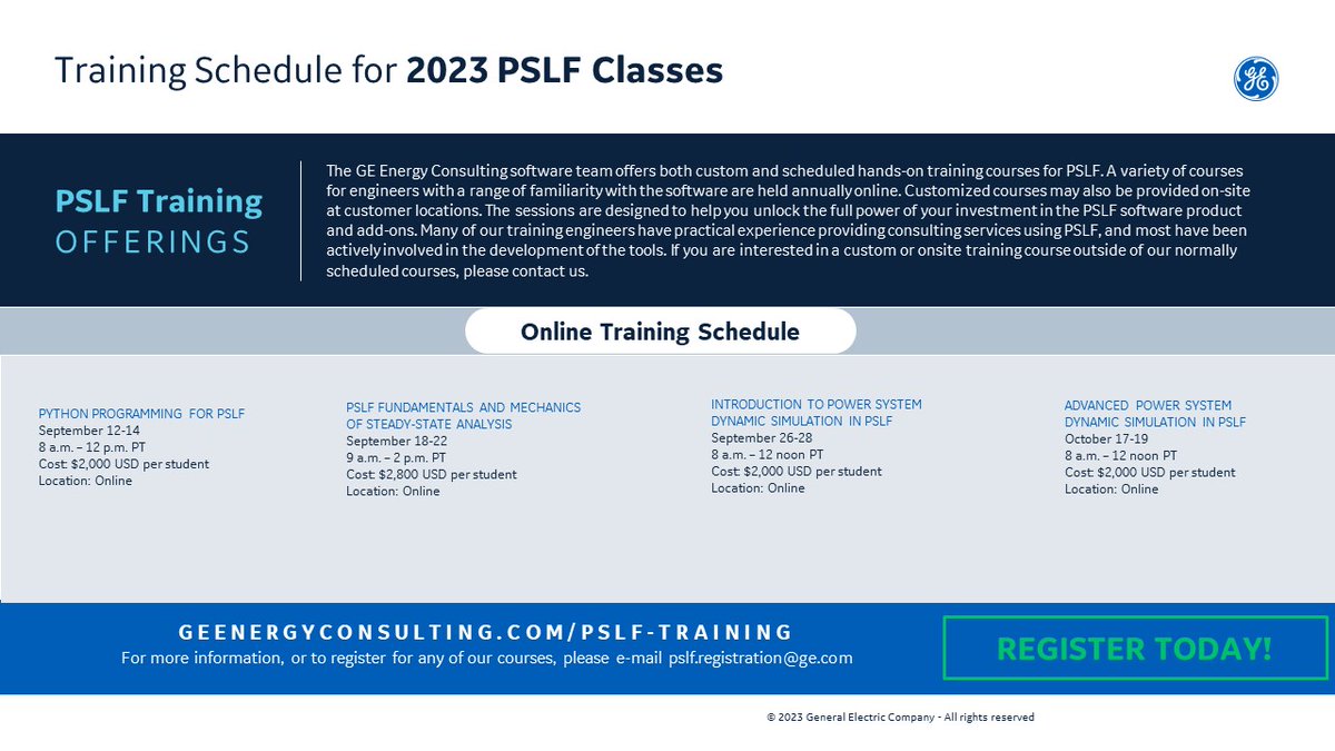 energy_ge's tweet photo. If you and your organization are looking for training offerings related to GE PSLF (Positive Sequence Load Flow) simulation tool, there are a number of trainings coming up in September and October. For more information and to register, visit https://t.co/Szs7f6qfdm today. https://t.co/jnjulwvnnf