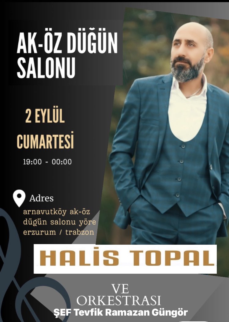HalisTopal's tweet photo. ⭐️DÜĞÜN🎙
📅 2 EYLÜL CUMARTESİ
⏰ 19:00
📍 Arnavutköy
⭐️ORKESTRA ŞEFİ🎙
TEYFİK RAMAZAN GÖNGÜR
#halistopal #erzurum #hınıs #dadaş #tekman #istanbul #oltu #narman #karayazı #pasinler #aşkale #karaçoban #çat #ispir #hasankale #köprüköy #horasan #ılıca #olur #pazaryolu https://t.co/PryV5T7baE