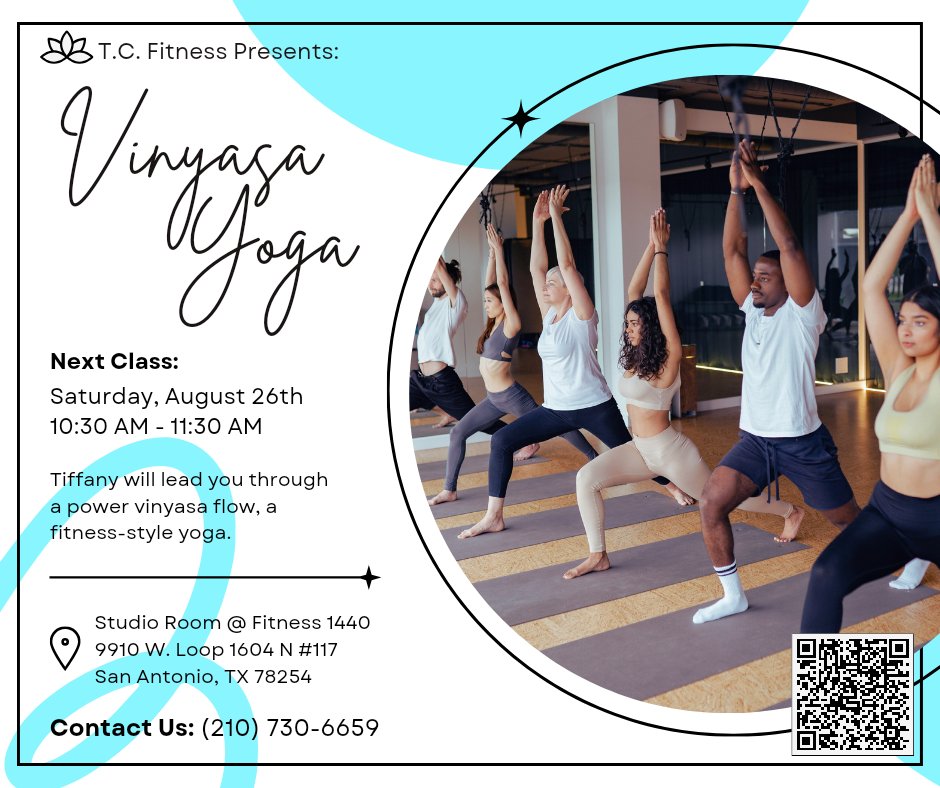 tcfitnesshealth's tweet image. 🧘🏾‍♀️ Join us for a 60-minute power vinyasa flow!

Reservations are now open for our August 26th class, register here: tcfitnessandhealth.com/book-online

We'll see you on the mat 💙

#yoga #vinyasaflow #vinyasayoga #sanantonioyogis #sanantonioyoga #do210 #tcfitness #tcfitnessandhealth