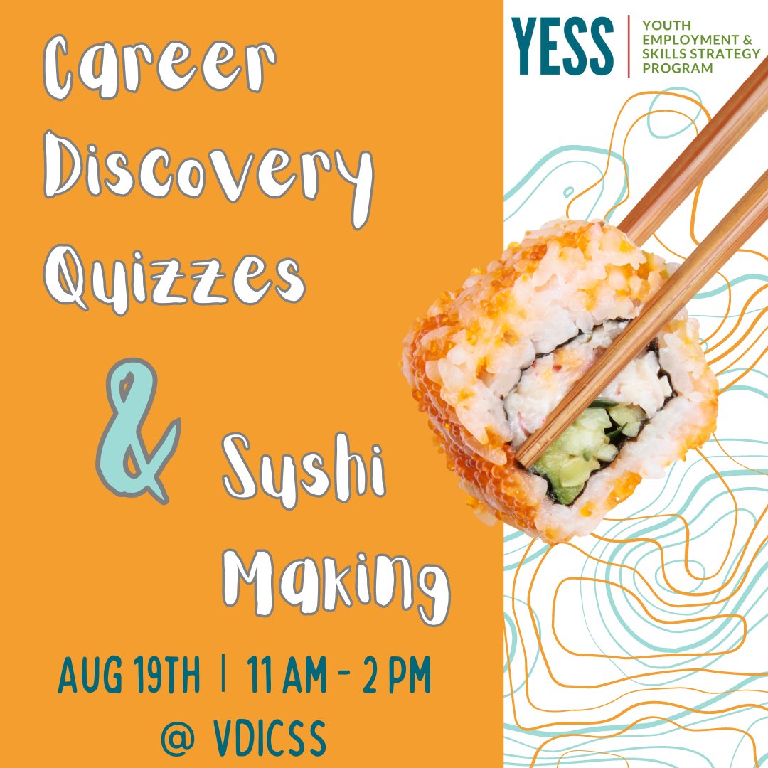 vernoniss's tweet photo. Join us this Saturday to explore career possibilities while taking fun personality tests with your friends! Followed by a "make your own" sushi lunch.

Ages 15-25 https://t.co/EBVtm2gKSu