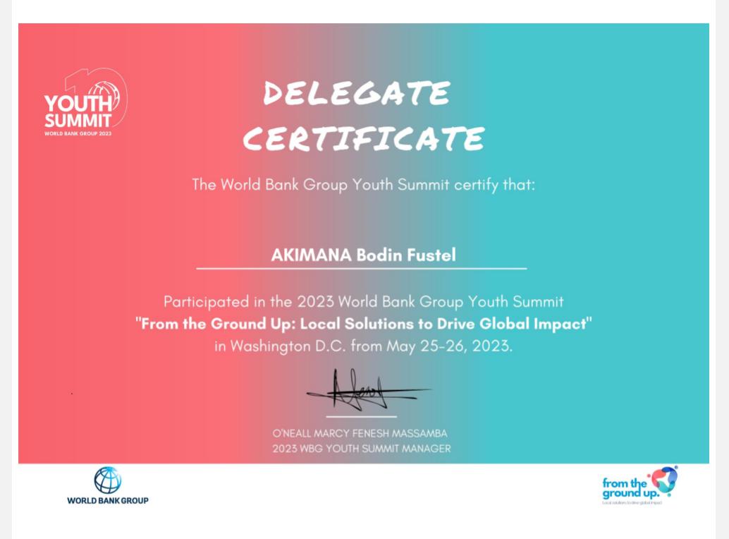 FustelBodin's tweet photo. Thanks to the certificate #WorldBank  #WBGYouthSummit2023 #Actionsforimpact https://t.co/UXue6nG0FS