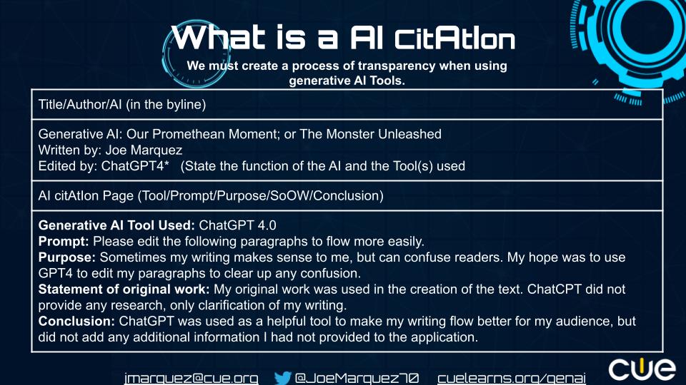JoeMarquez70's tweet photo. What are your plans for allowing students to use #GenerativeAI in their educational journey this year? Are you planing on having them utilize AI citAtIons? A proactive way to encourage proper and reflective use of AI. Let me know if you want to hear more #WeAreCUE #K12 #HiEd https://t.co/XX0qb5WYDF