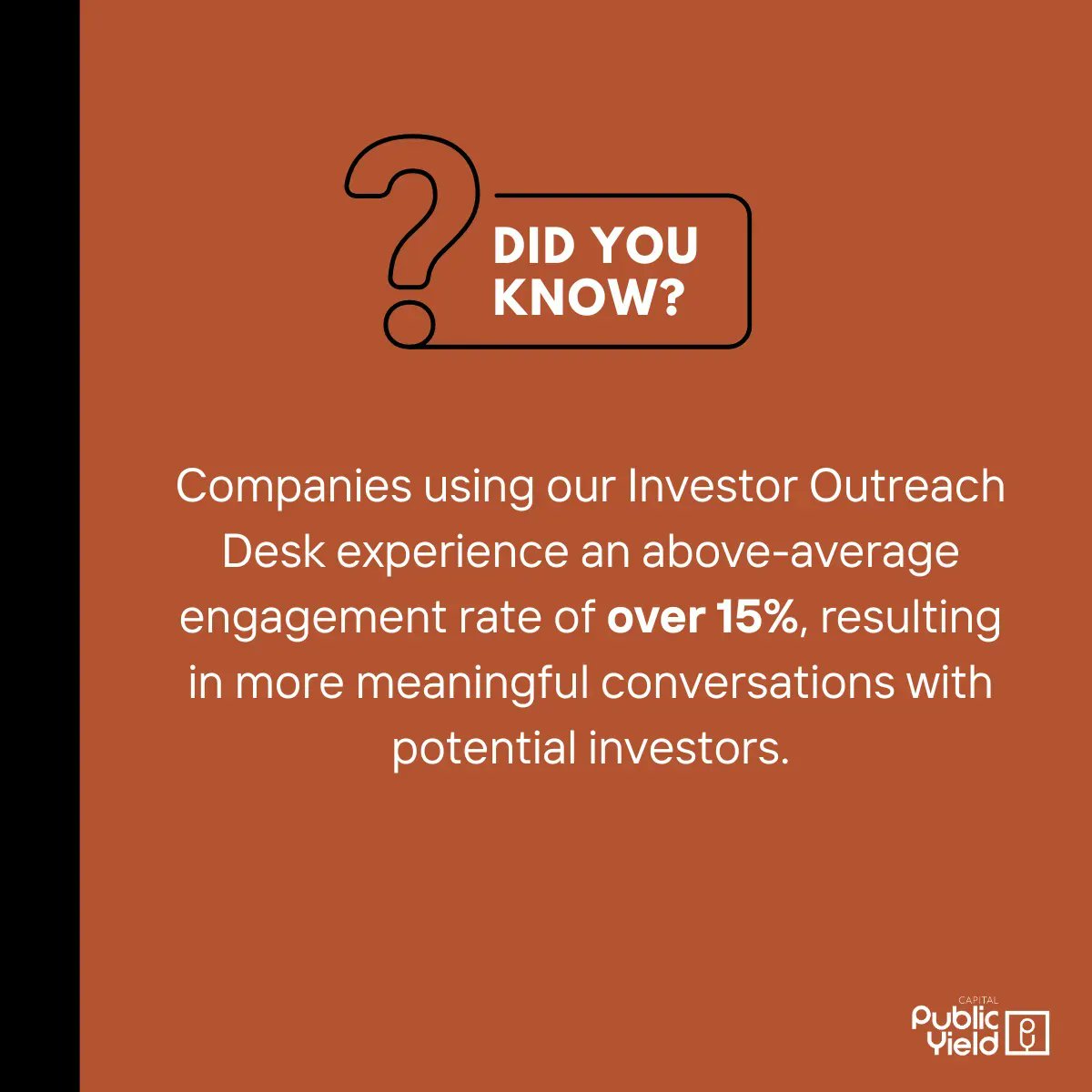 Companies that utilize our Investor Outreach Desk experience an exceptional engagement rate of over 15%, ensuring that every interaction with potential investors is meaningful and impactful. 

#InvestorOutreachDesk #EngagementRate #MeaningfulConversations #CrowdfundingSuccess